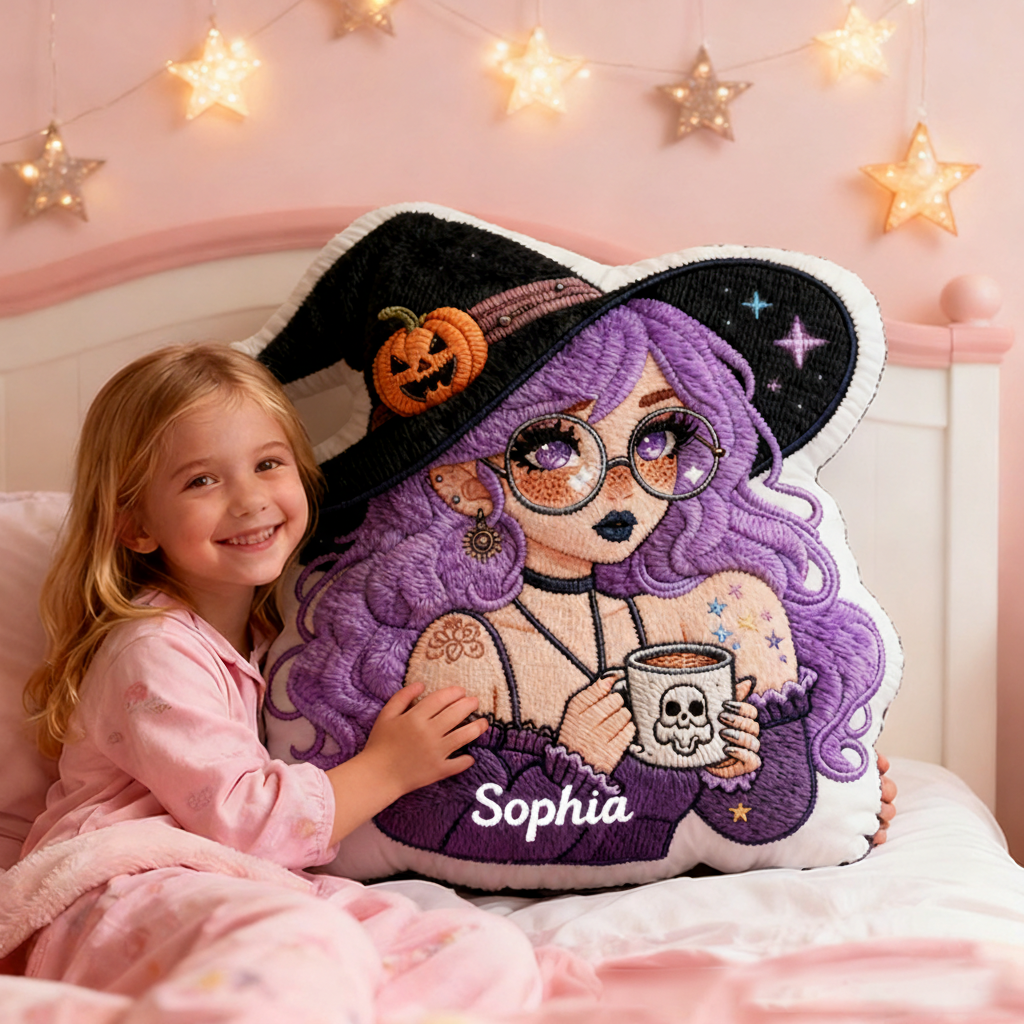 Personalized Witch Themed Pillow Custom Name Halloween Aesthetic and Whimsical Fantasy Style Graphic 3D Print Pillow