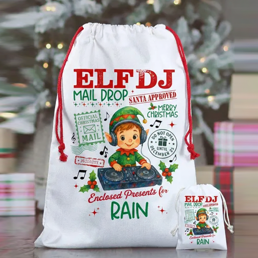 Personalized Elf Santa Bag Custom Christmas Gift Bag for Kids Music Lover Custom Name Gift Bag for Boys Christmas Gift Sack Xmas Presents Sack