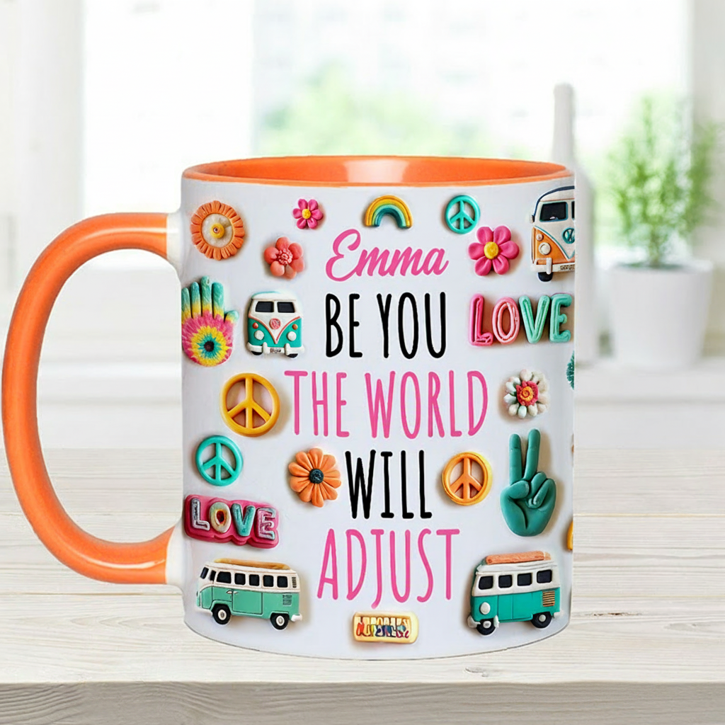 Personalized Name Hippie Accent Mug Be You the World Adjust Gift Hippie Lover Gifts Colorful Hippie Coffee Mug Bohemian Coffee Mug