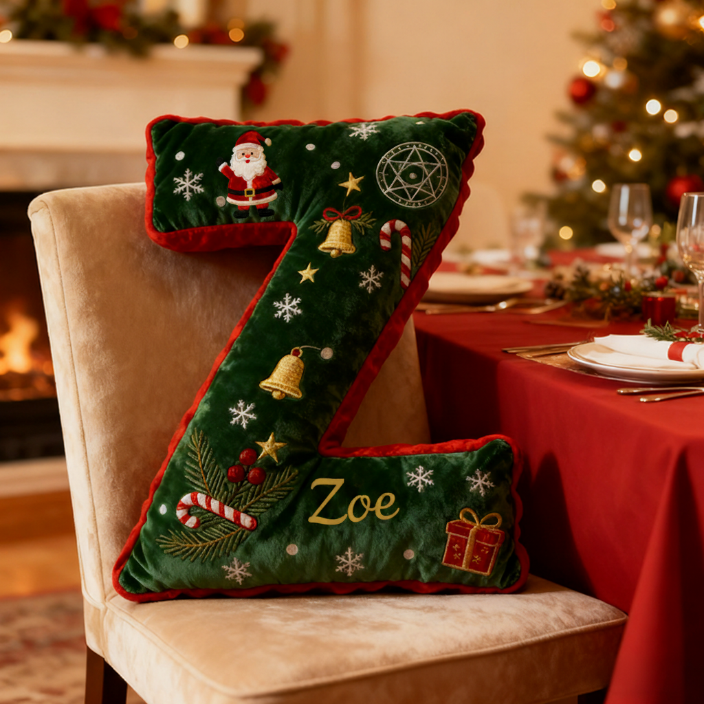 Personalized Letter Christmas Pillow with Name Festive Green and Red Design Custom Name Graphic 3D Print Pillow Christmas Gift