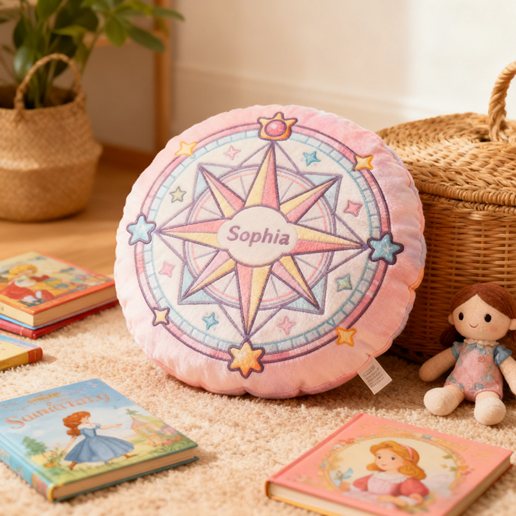 Personalized Round Pink Christmas gift Pillow with Star Compass Pastel Colors Magical Design and Cute Decorative Elements Graphic 3D Print Pillow
