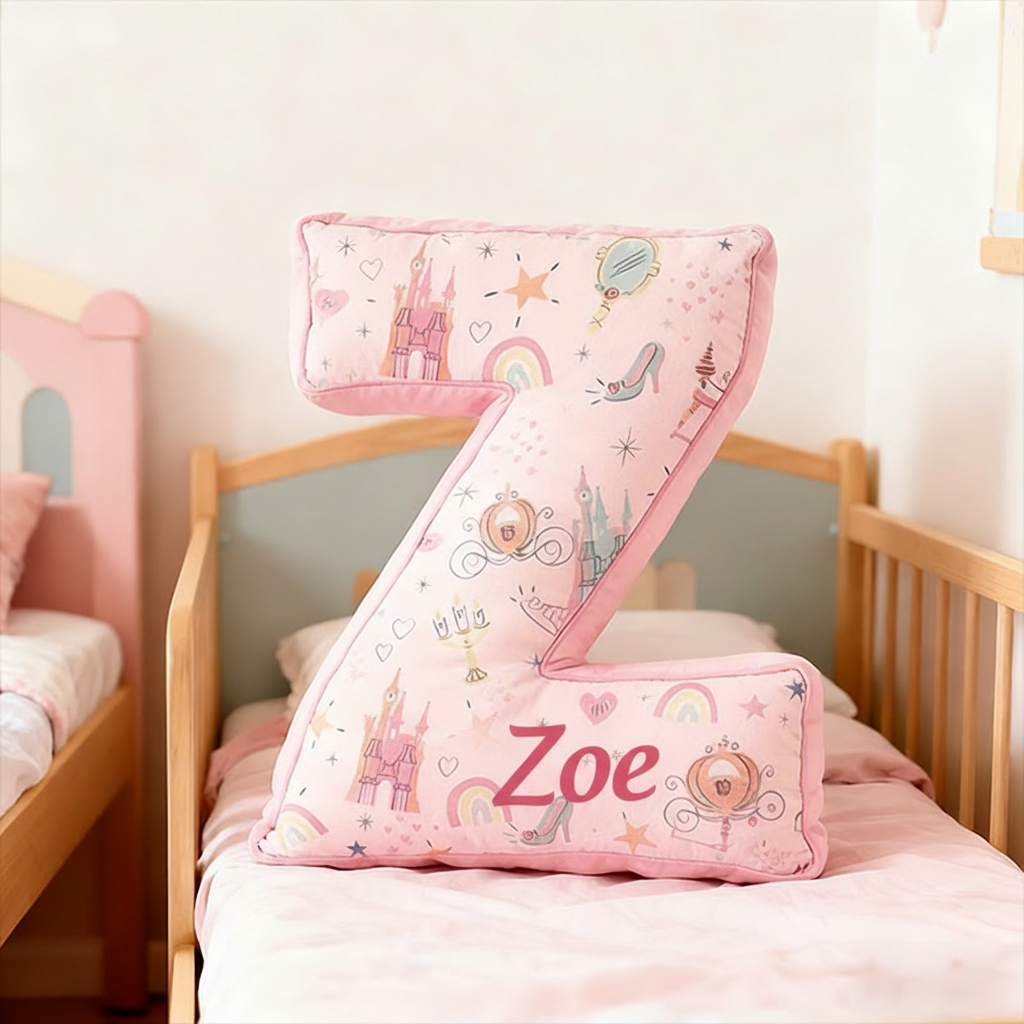 Personalized 26 Letters Christmas Gift Pink Pillow with Castles Rainbows Stars and Whimsical Fairy Tale Design Graphic 3D Print Pillow for Kids