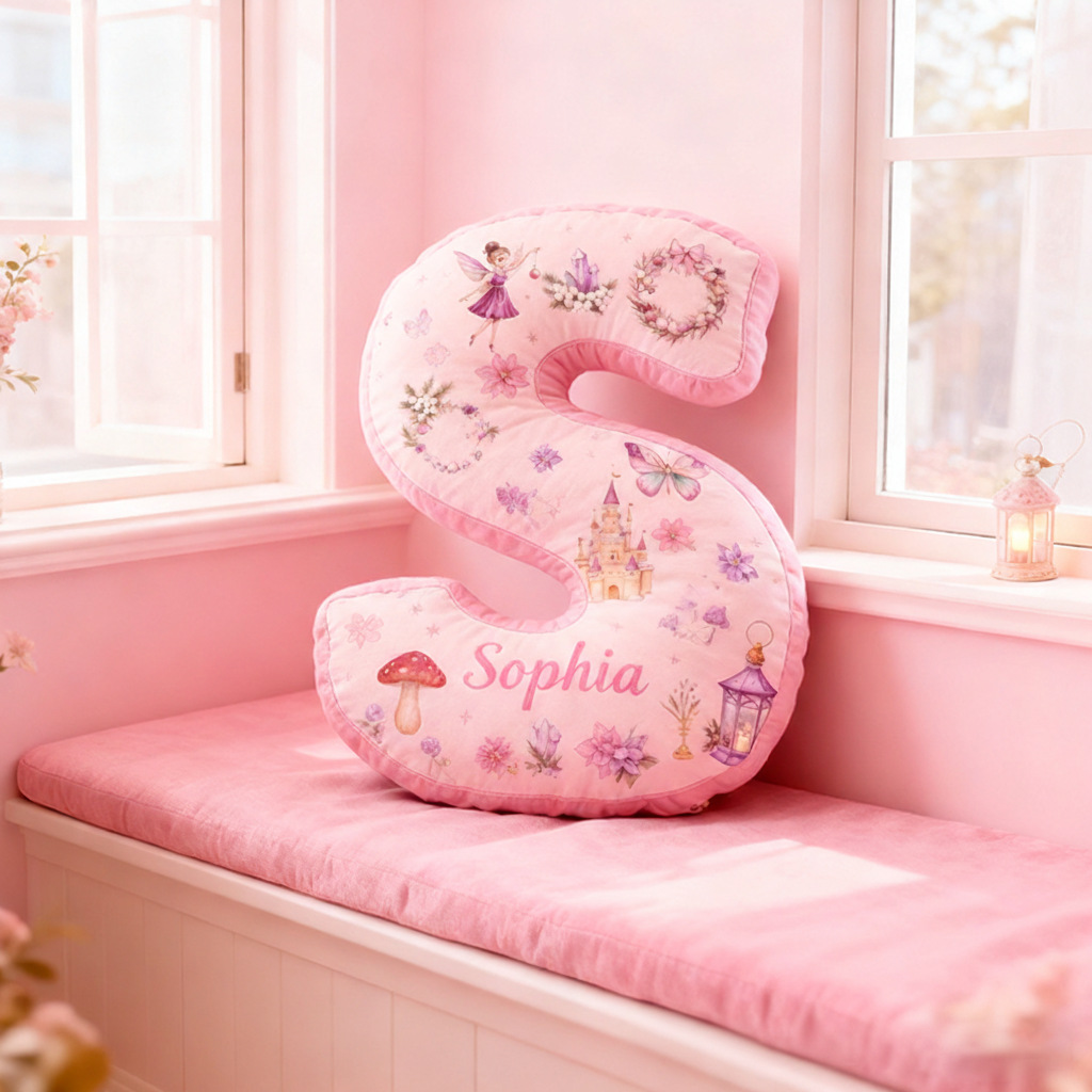Personalized 26 Letters Pillow with Castles Butterflies Flowers Snow Globes Lanterns and Whimsical Pastel Fairy Tale Design Graphic 3D Print Pillow