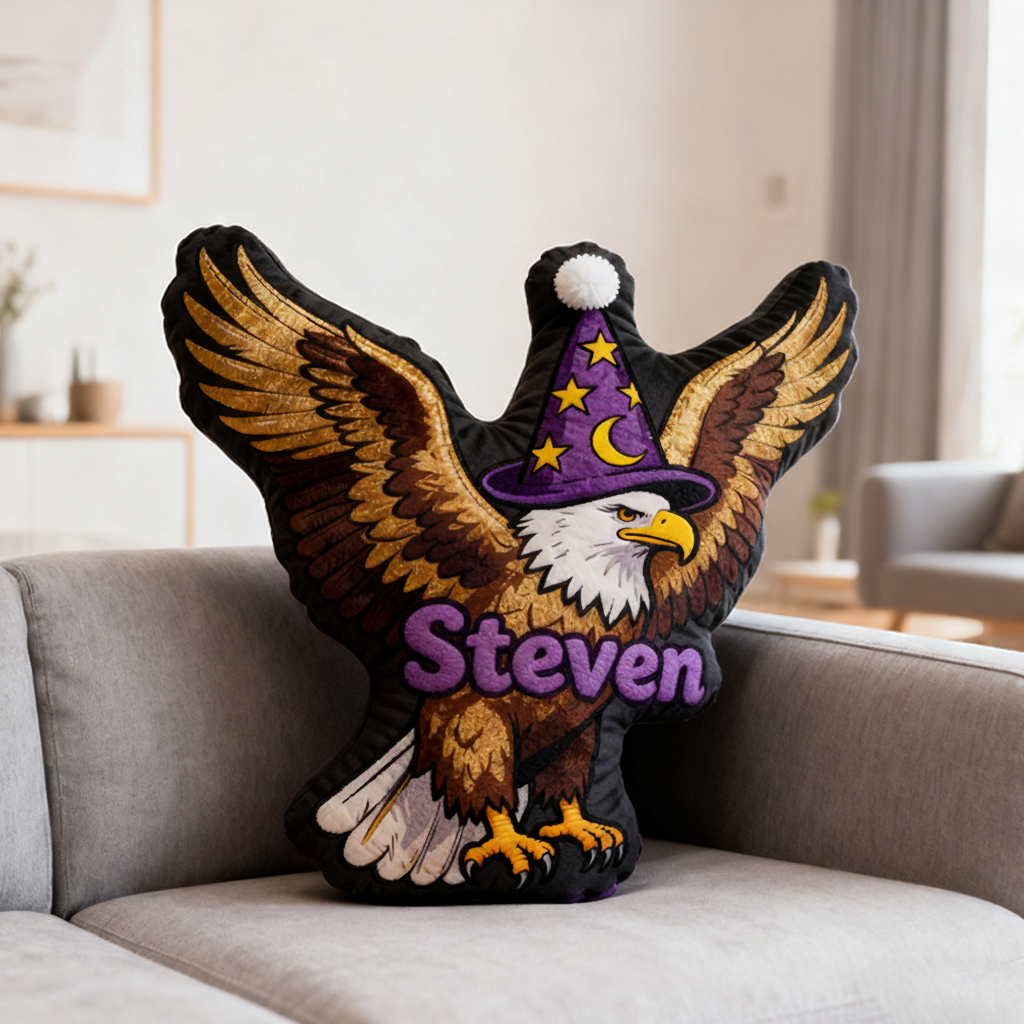 Personalized Eagle Shaped Pillow with Golden Wings Wizard Hat Moon Stars and Magical Design Graphic 3D Print Pillow