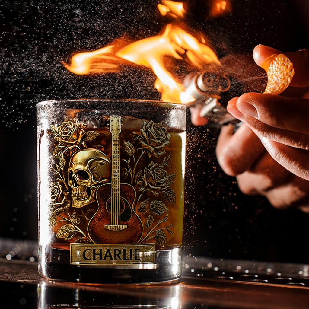 Personalized Name Guitar Skull & Roses Whiskey Glass for Music Lover