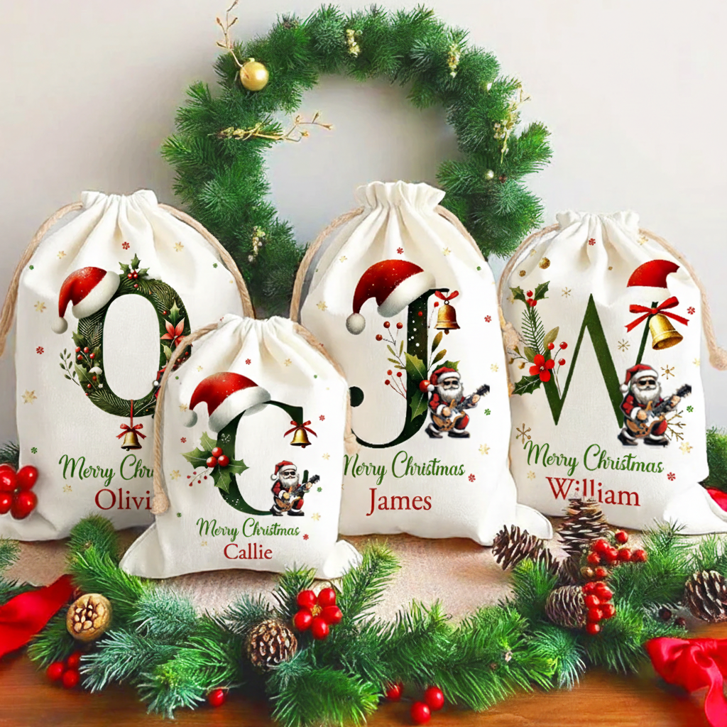 Personalized Music Lover Bell Santa Hat Initial Drawstring Canvas Gift Bag with Name Christmas Party Gift Christmas Sack