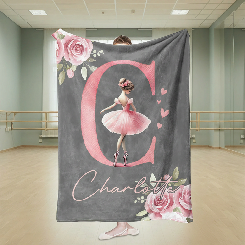 Personalized Rose Cartoon Ballerina Girl Blanket Flannel Blanket Ballet Lover Blanket with Name for Dance Lovers Dance Team Birthday Gift for Girls