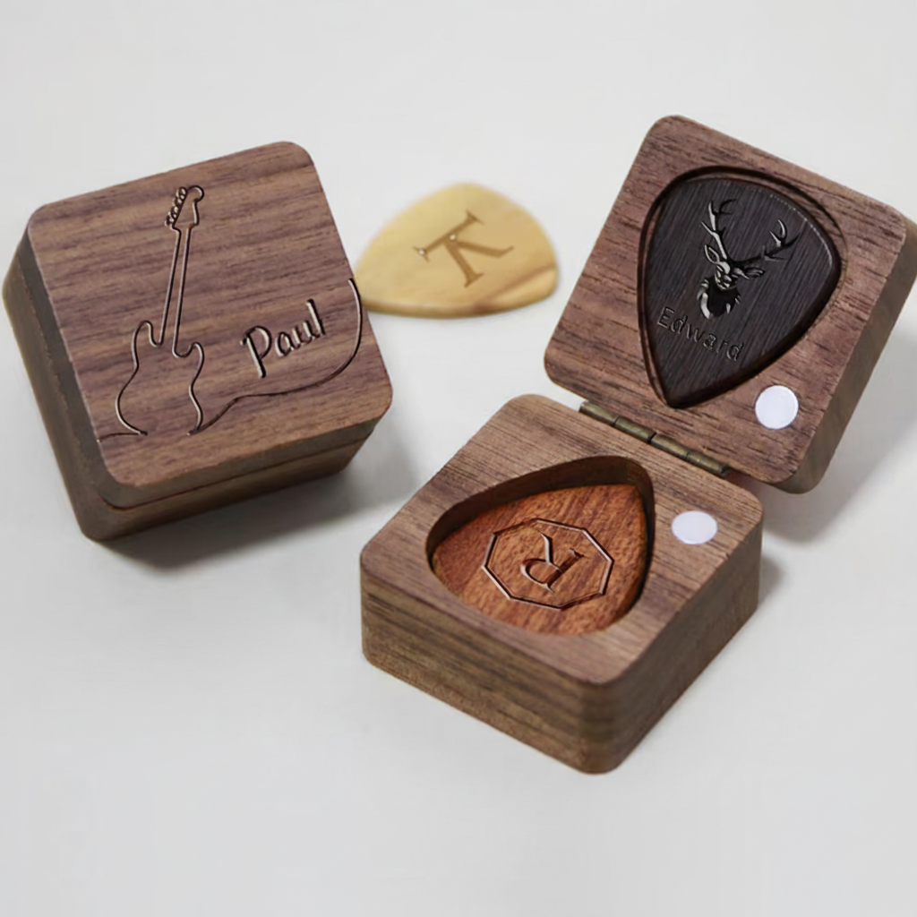 Personalized Wooden Guitar Picks Box Custom Guitar Pick Holder Storage Wood Guitar Plectrum Organizer Case Music Gift for Guitarist Musician