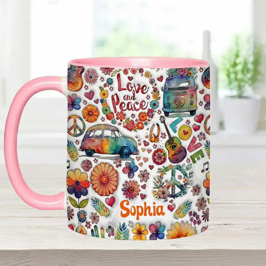 Personalized Hippie Accent Mug Love and Peace Accent Mug Flower Van Guitar Peace Sign Coffee Mug Ceramic Mug Custom Mug