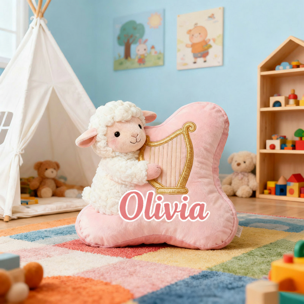 Personalized Graphic 3D Print Pink-White Sheep & Harp Pillow With Your Own Name Soft Stuffed Toy for Kids Unique Decorative Cushion for Girls' Room