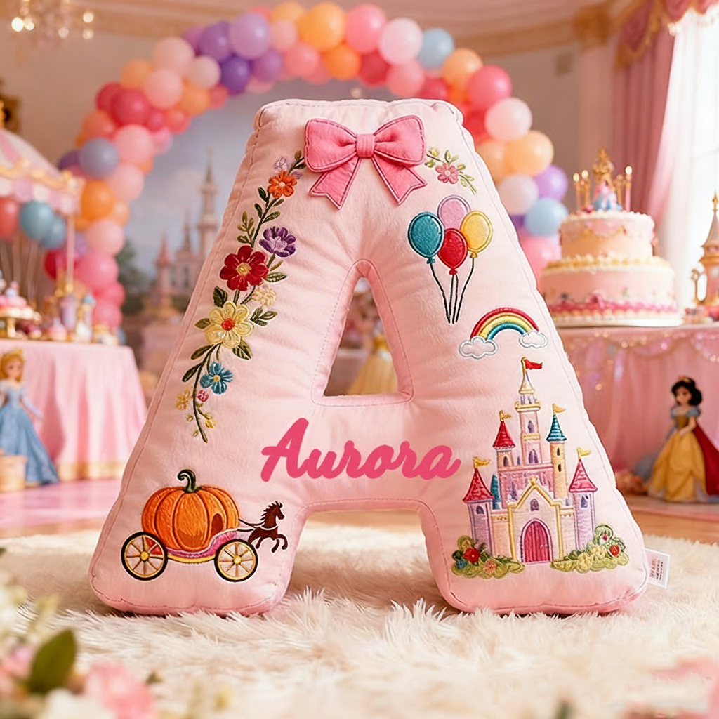 Personalized Pink Letter Christmas Gift Pillow with Castle Pumpkin Carriage Rainbow for a Fairytale Inspired Design Graphic 3D Print Pillow