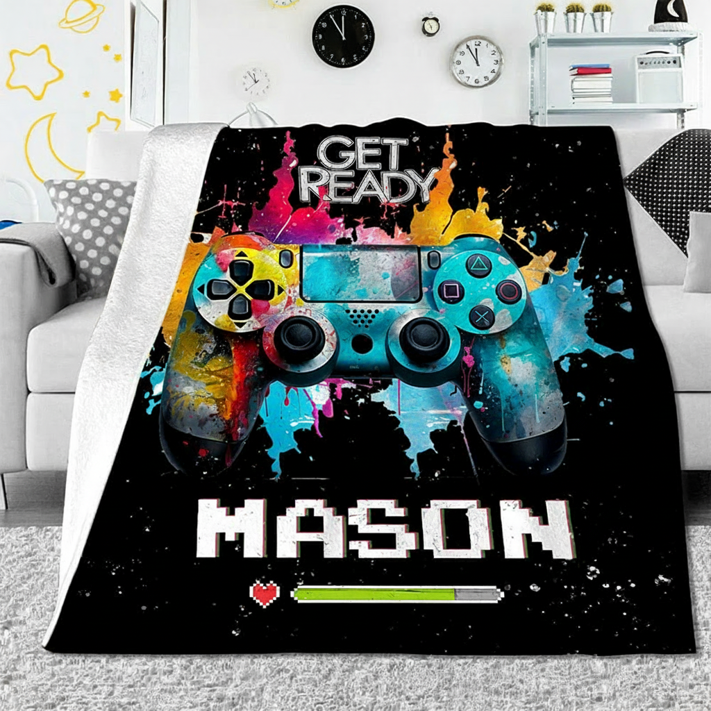 Personalized Color Ink Get Ready Gamepad Blanket Flannel Blanket Gaming Blanket with Name for Game Lovers Gamer