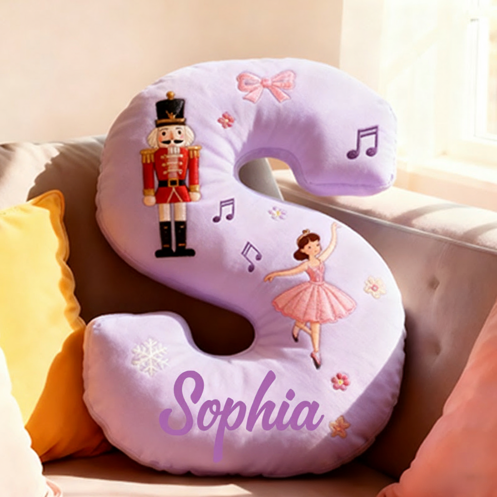 Personalized 26 Letter Purple Pillow with Nutcracker Ballerina Music Notes Snowflakes Bows and Enchanting Ballet Themed Design Graphic 3D Print Pillow