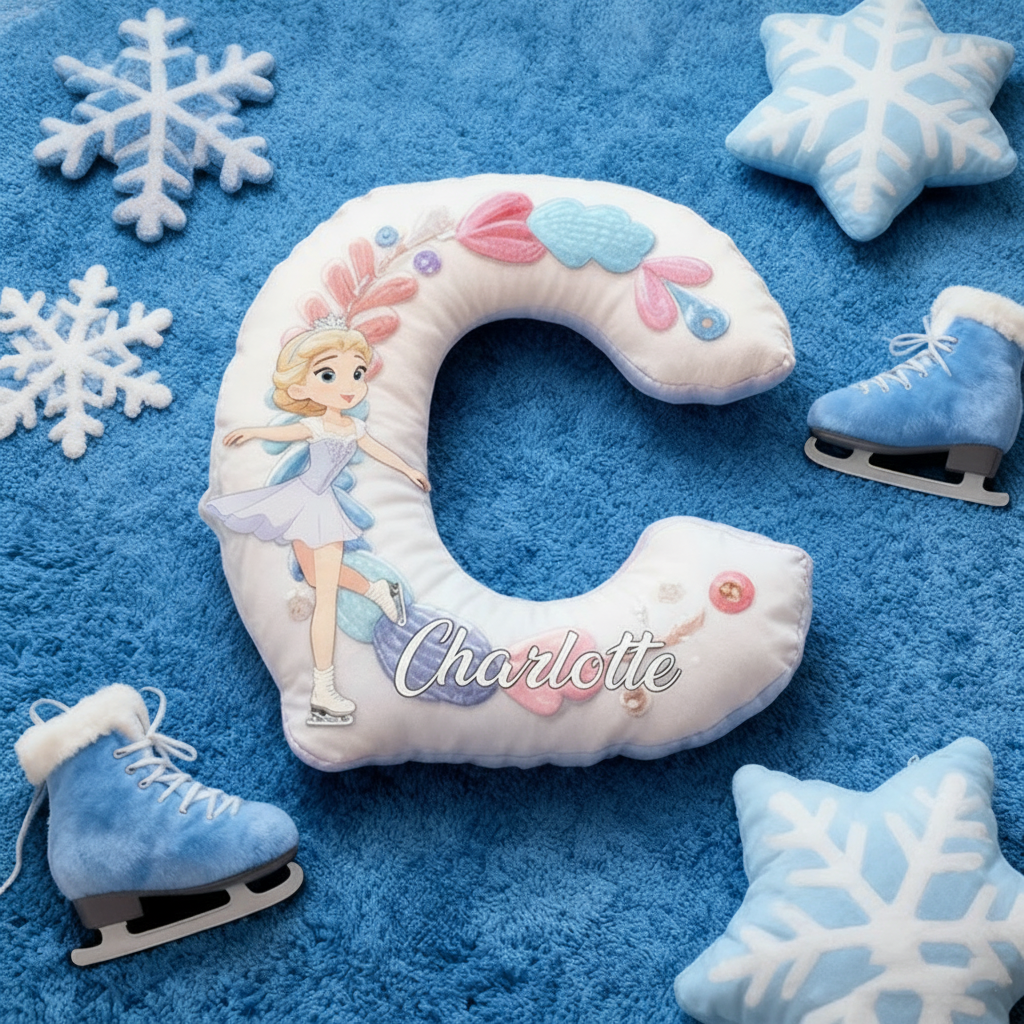 Personalized Graphic 3D Print Cartoon Ice Skating Girl Alphabet Shaped Pillow for Ice Skate Lovers Initial Pillow Christmas Gift for Kids