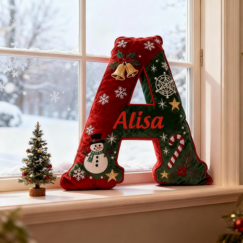 Personalized Letter Christmas Gift Pillow with Name Festive Red and Green Design Graphic 3D Print Pillow for Kids