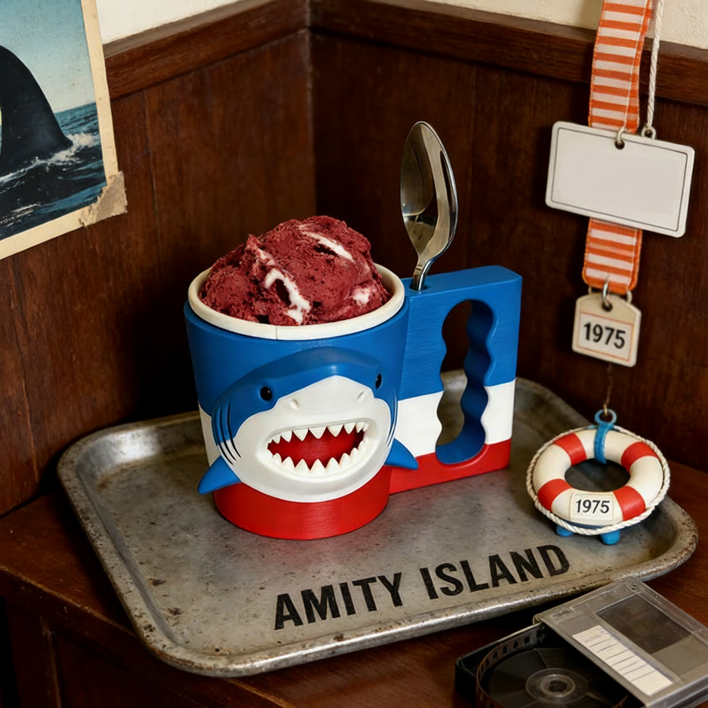 Personalized Shark Movie Ice Cream Pint Holder with Spoon Slots Eco-Friendly 3D Print for Movie Lovers