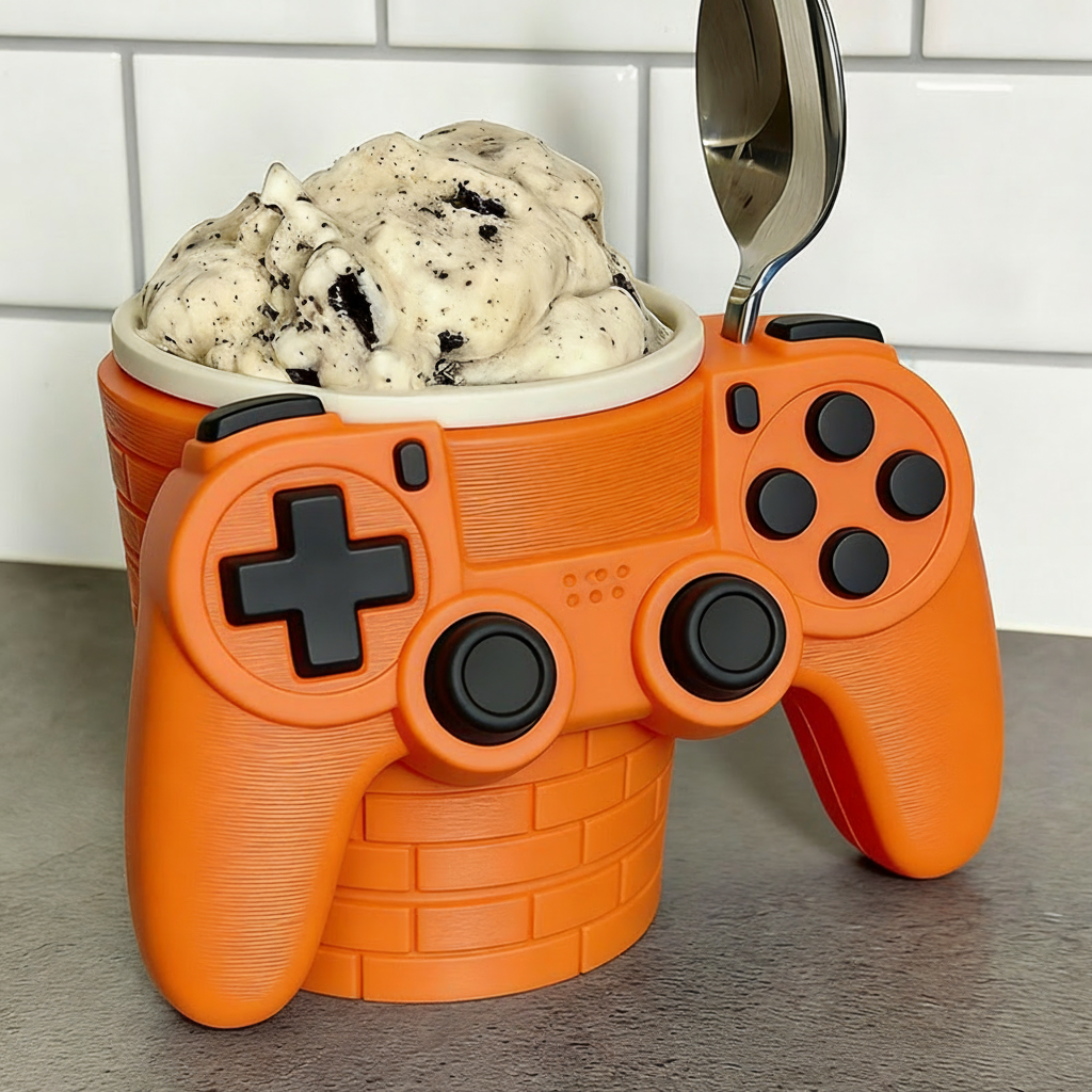 Personalized Game Controller Gamer Ice Cream Pint Holder with Spoon Slots Eco-Friendly 3D Print for Game Lovers