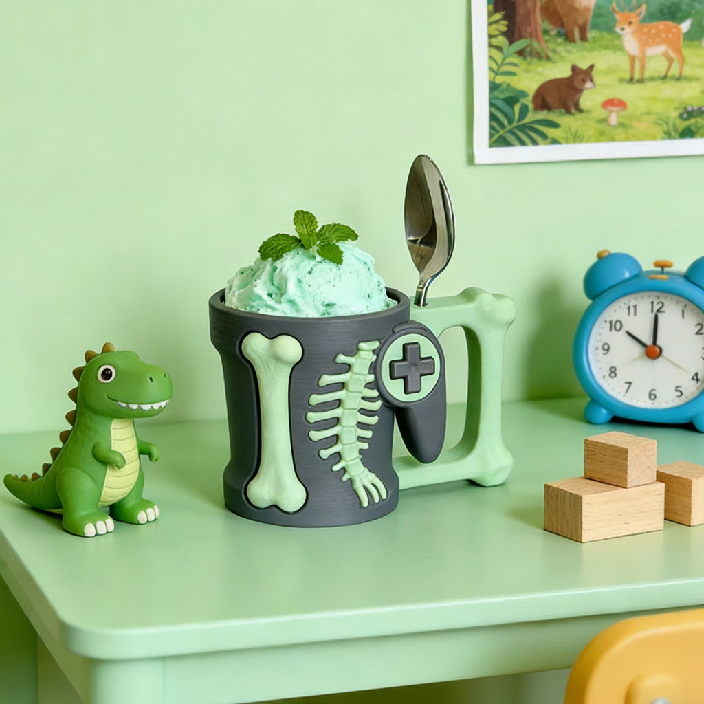 Personalized Couple Dinosaur Bone Controller Gamer Ice Cream Pint Holder with Spoon Slots Eco-Friendly 3D Print for Game Lovers