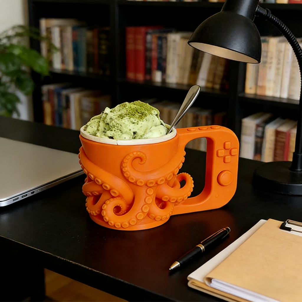 Personalized Couple Tentacle Controller Gamer Ice Cream Pint Holder with Spoon Slots Eco-Friendly 3D Print for Game Lovers