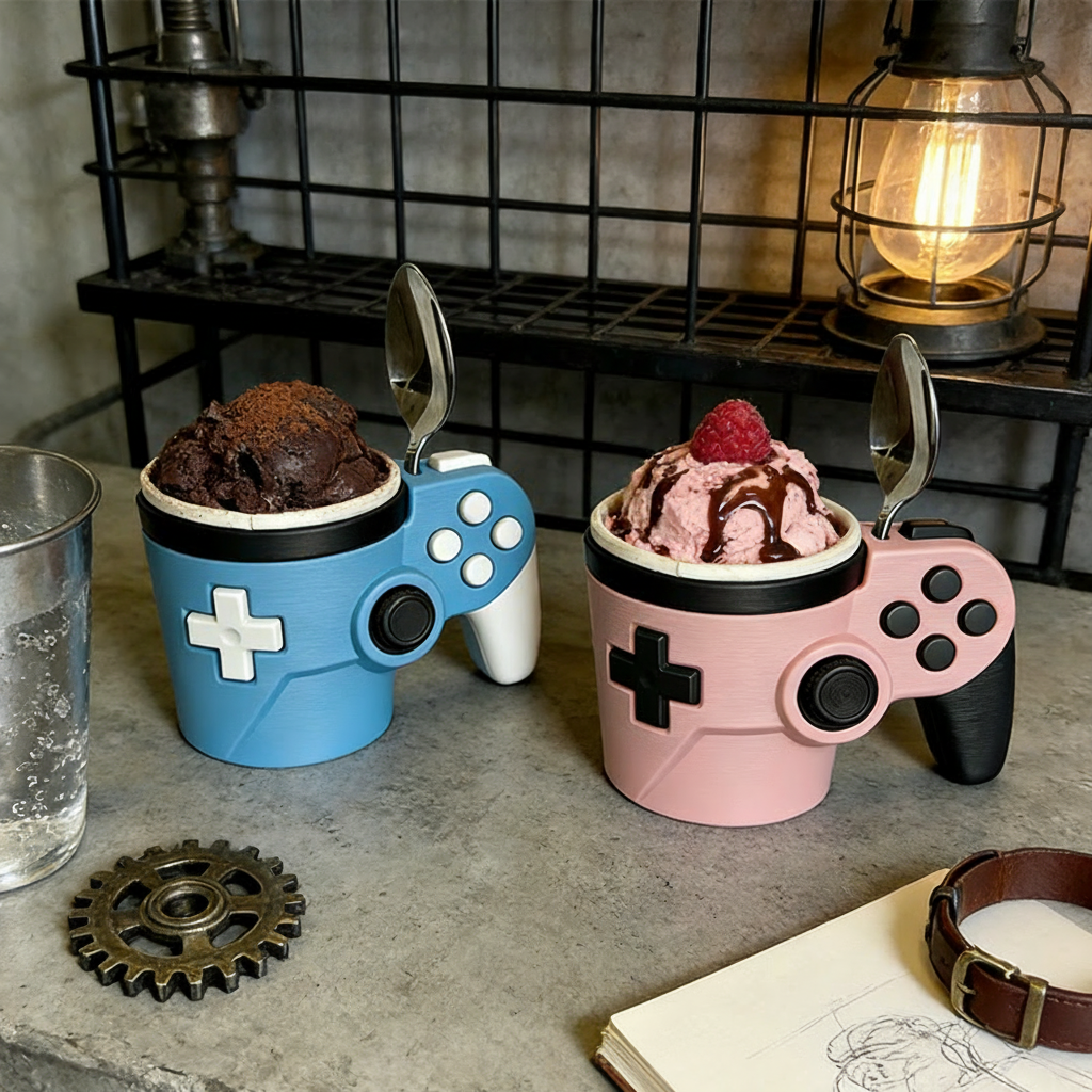 Personalized Couple Morden Controller Gamer Ice Cream Pint Holder with Spoon Slots Eco-Friendly 3D Print for Game Lovers