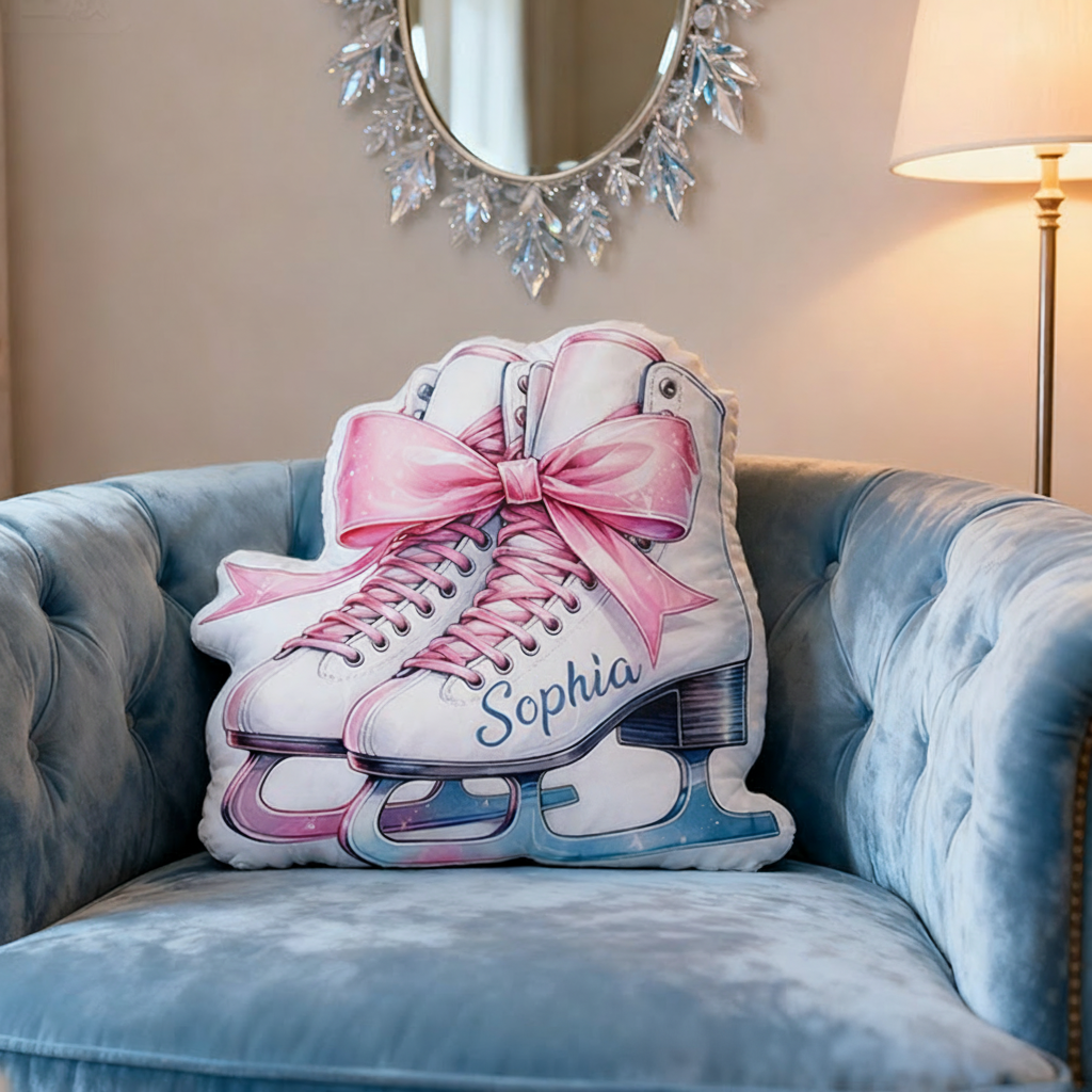 Personalized Graphic 3D Print Ice Skates With Bow Tie Shaped Pillow for Ice Skate Lovers Pillow Christmas Gift for Kids