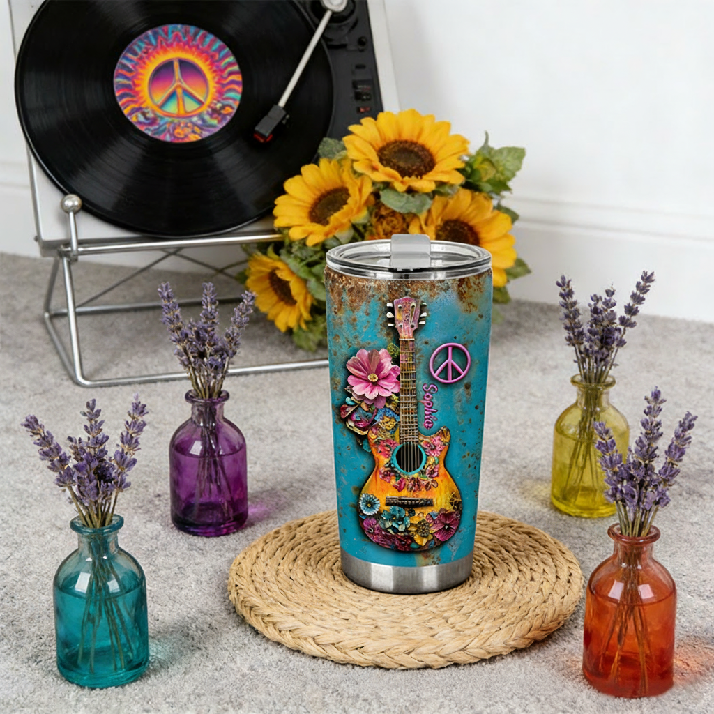 Personalized 2D Flat Peaceful Guitar Vibes 20oz Tumbler Custom Hippie Themed Tumbler for Music Lovers