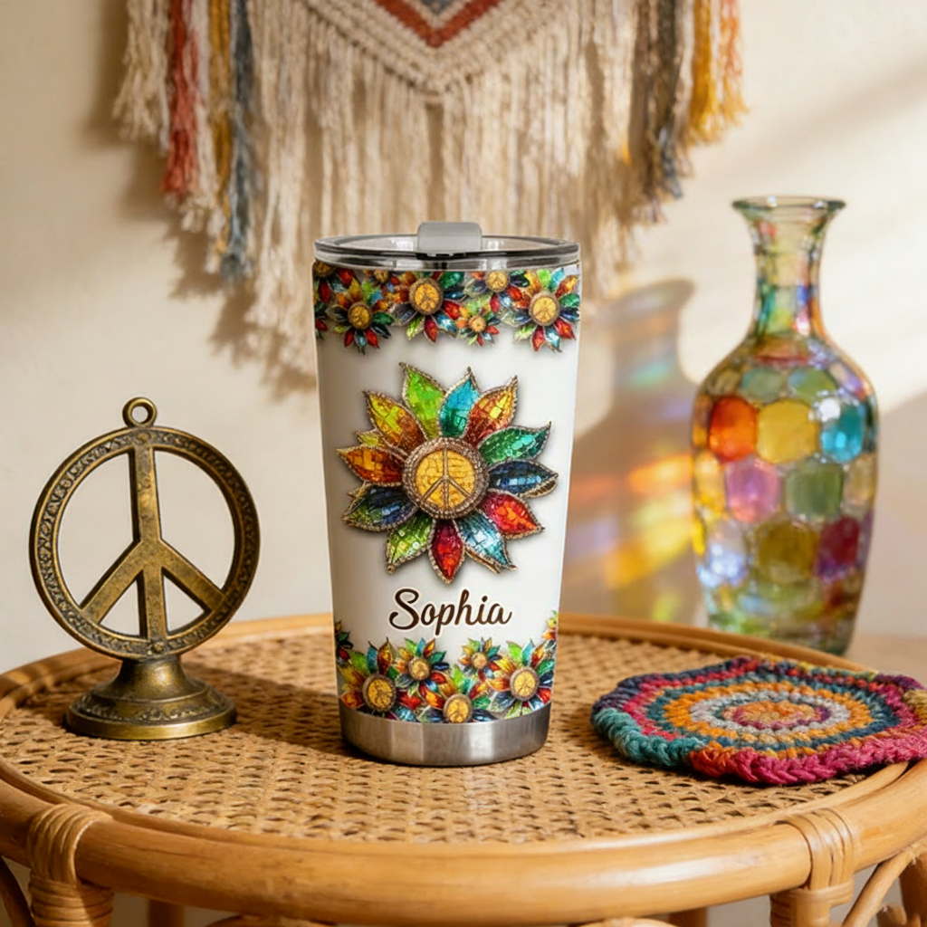 Personalized 2D Flat Flower Melody 20oz Tumbler Custom Hippie Themed Tumbler for Music Lovers