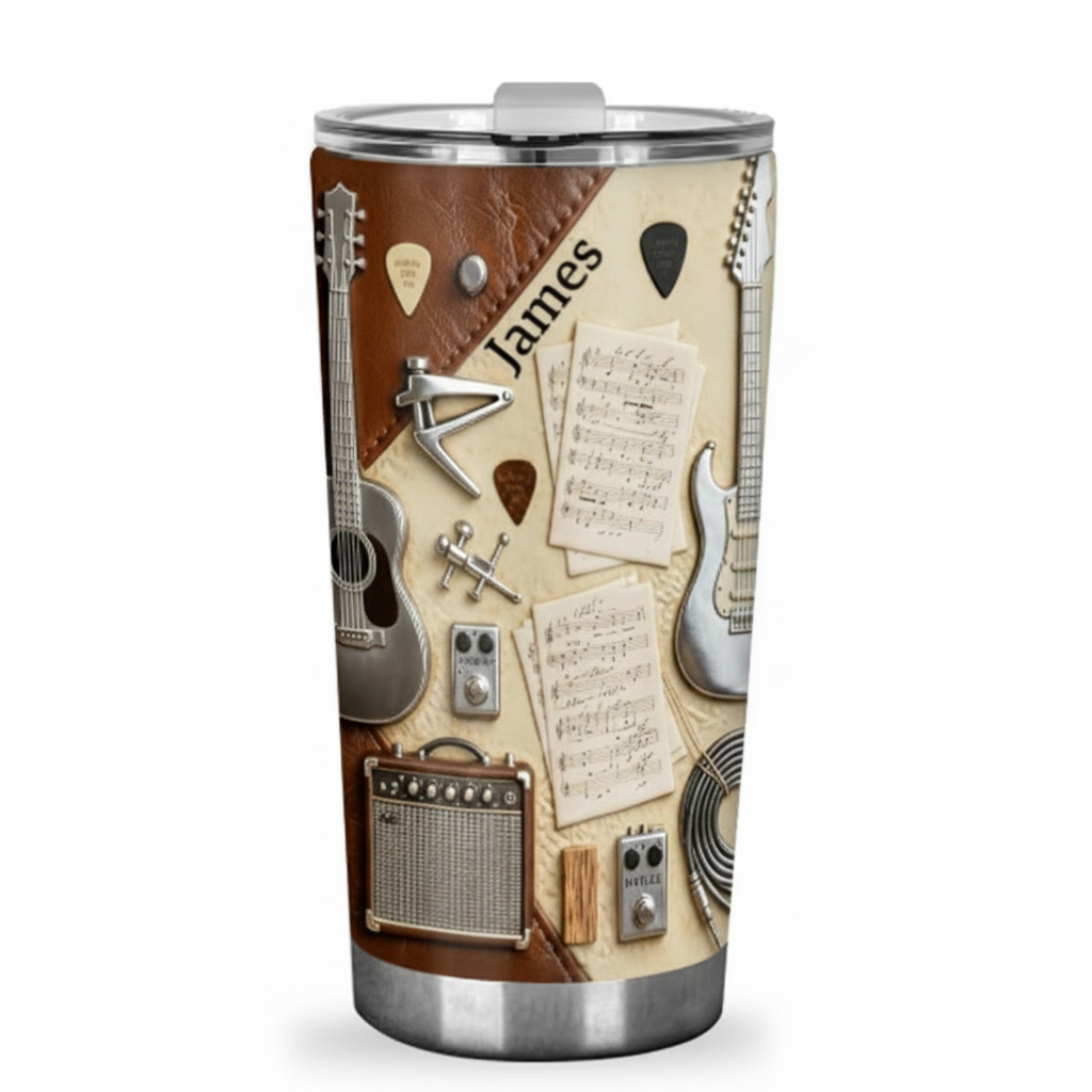 Personalized 2D Flat Vintage Music Notes 20oz Tumbler Custom Guitar Themed Tumbler for Music Lovers
