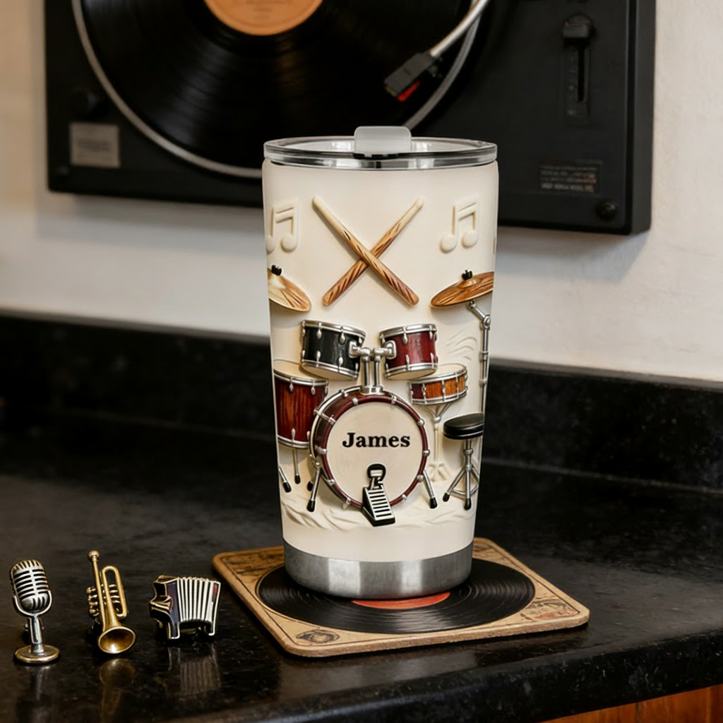 Personalized 2D Flat Drum Beat 20oz Tumbler Custom Drum Themed Tumbler for Music Lovers