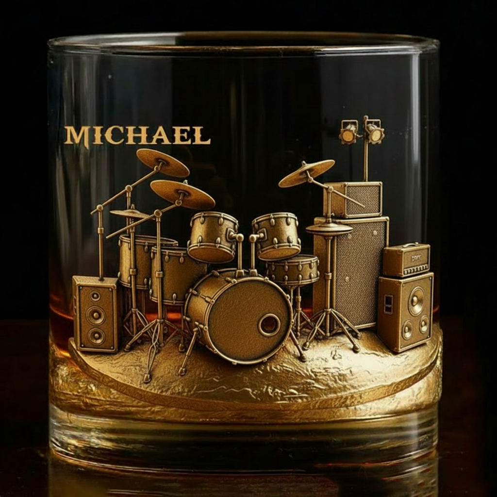 Personalized Drum Set Whiskey Glass Custom Name Whiskey Glass Engraved Glasses Gift Drummer Birthday Concert Holiday Gift