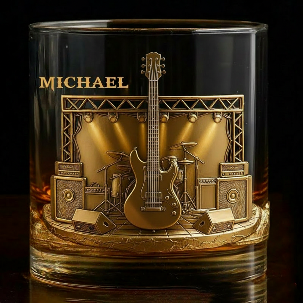 Personalized Electric Guitar Whiskey Glass Custom Name Whiskey Glass Engraved Glasses Gift Guitarist Birthday Concert Holiday Gift