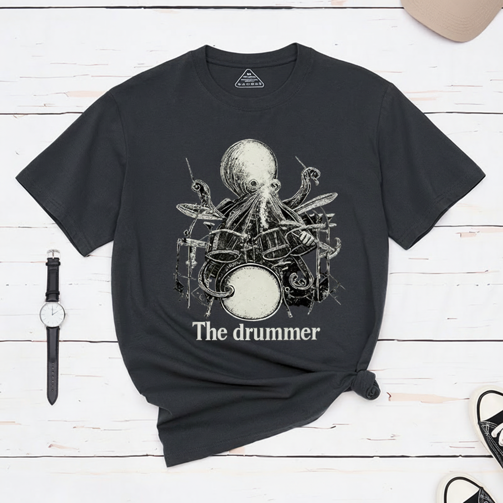 Personalized Classic T-Shirts Octopus Drummer T-Shirt Vintage Music Tarot Graphic Tee for Music Lovers