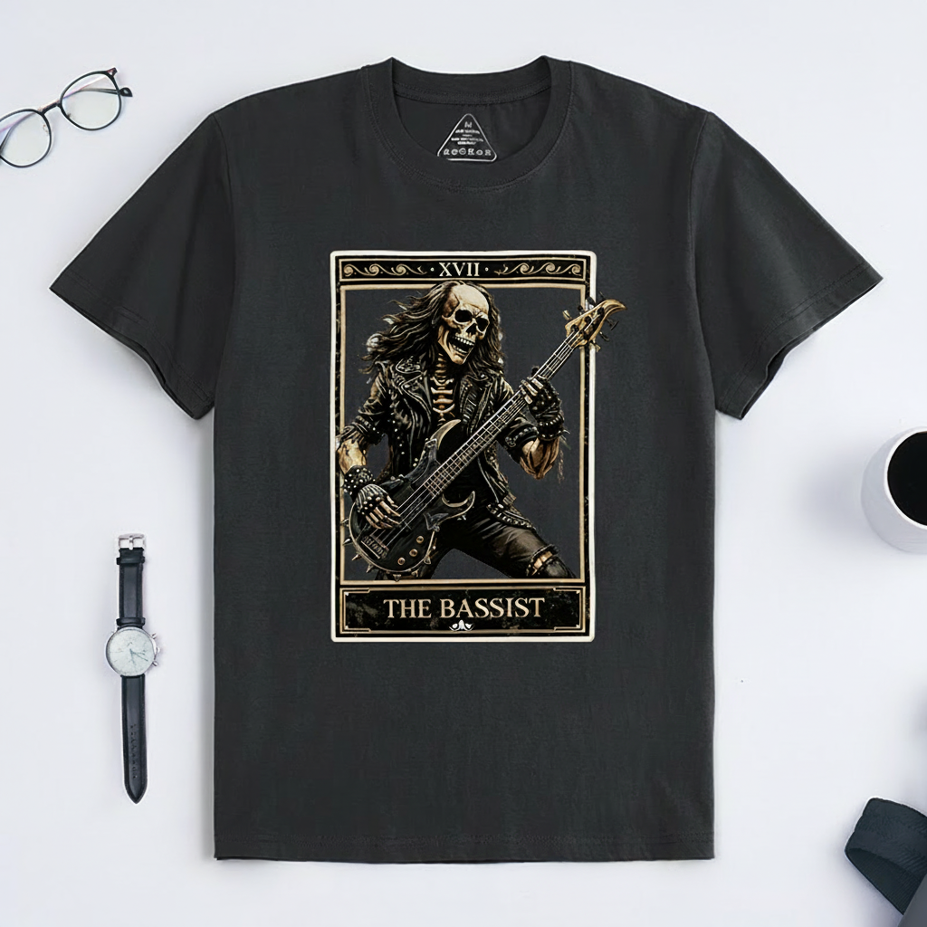 Personalized Classic T-Shirts The Bassist Skull T-Shirt Vintage Music Tarot Graphic Tee for Music Lovers