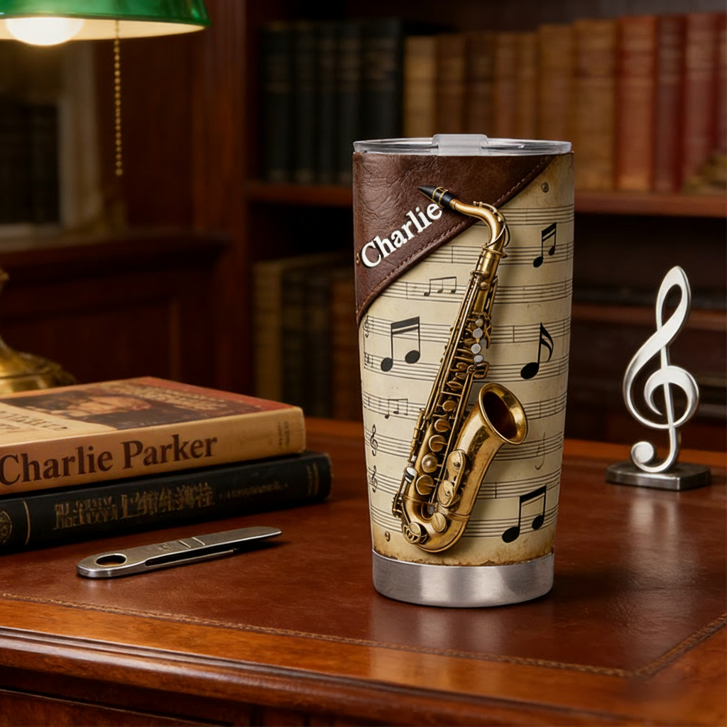Personalized 2D Flat Golden Melody 20oz Tumbler Custom Saxophone Themed Tumbler for Music Lovers