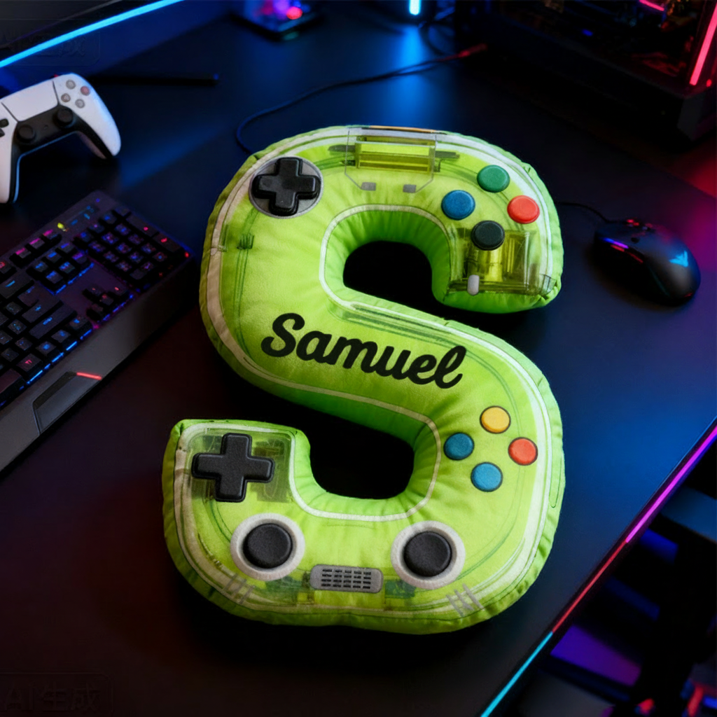 Personalized Graphic 3D Print Neon Controller Alphabet Shaped Pillow for Game Lovers Initial Pillow Christmas Gift for Kids