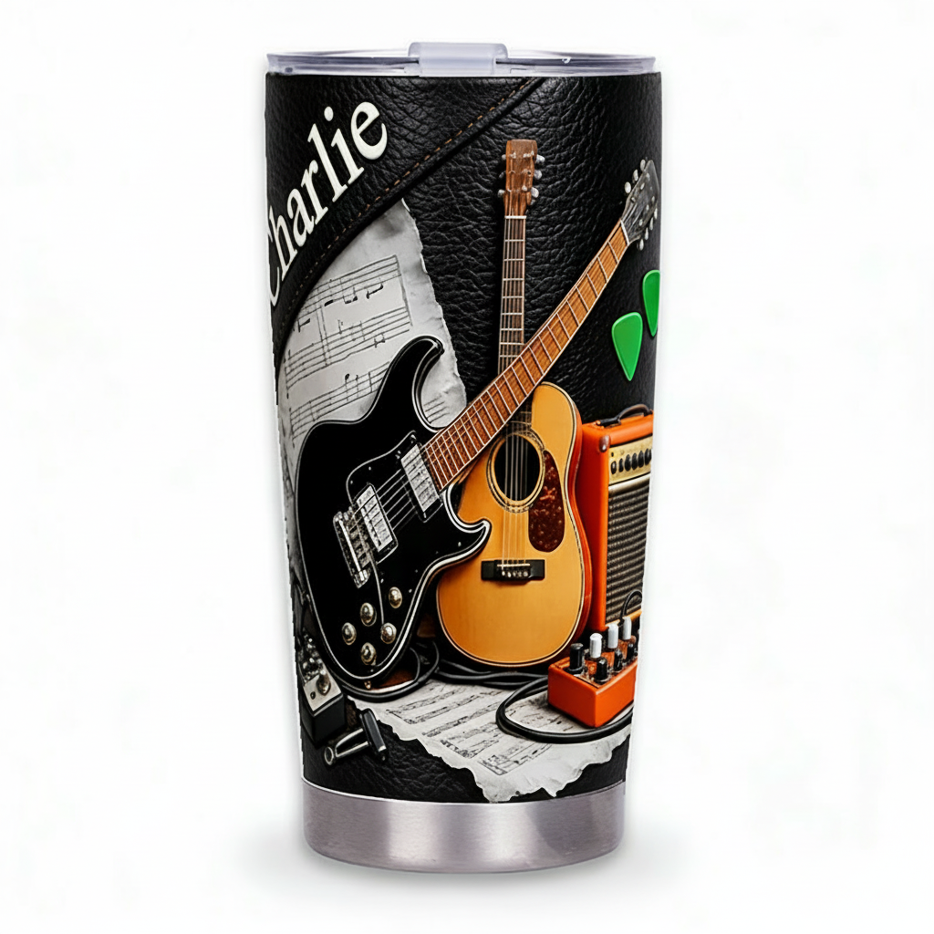 Personalized 2D Flat Rock Fusion 20oz Tumbler Custom Guitar Themed Tumbler for Music Lovers
