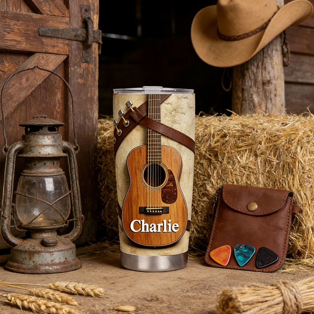 Personalized 2D Flat Rustic Melody 20oz Tumbler Custom Country Music Guitar Themed Tumbler for Music Lovers