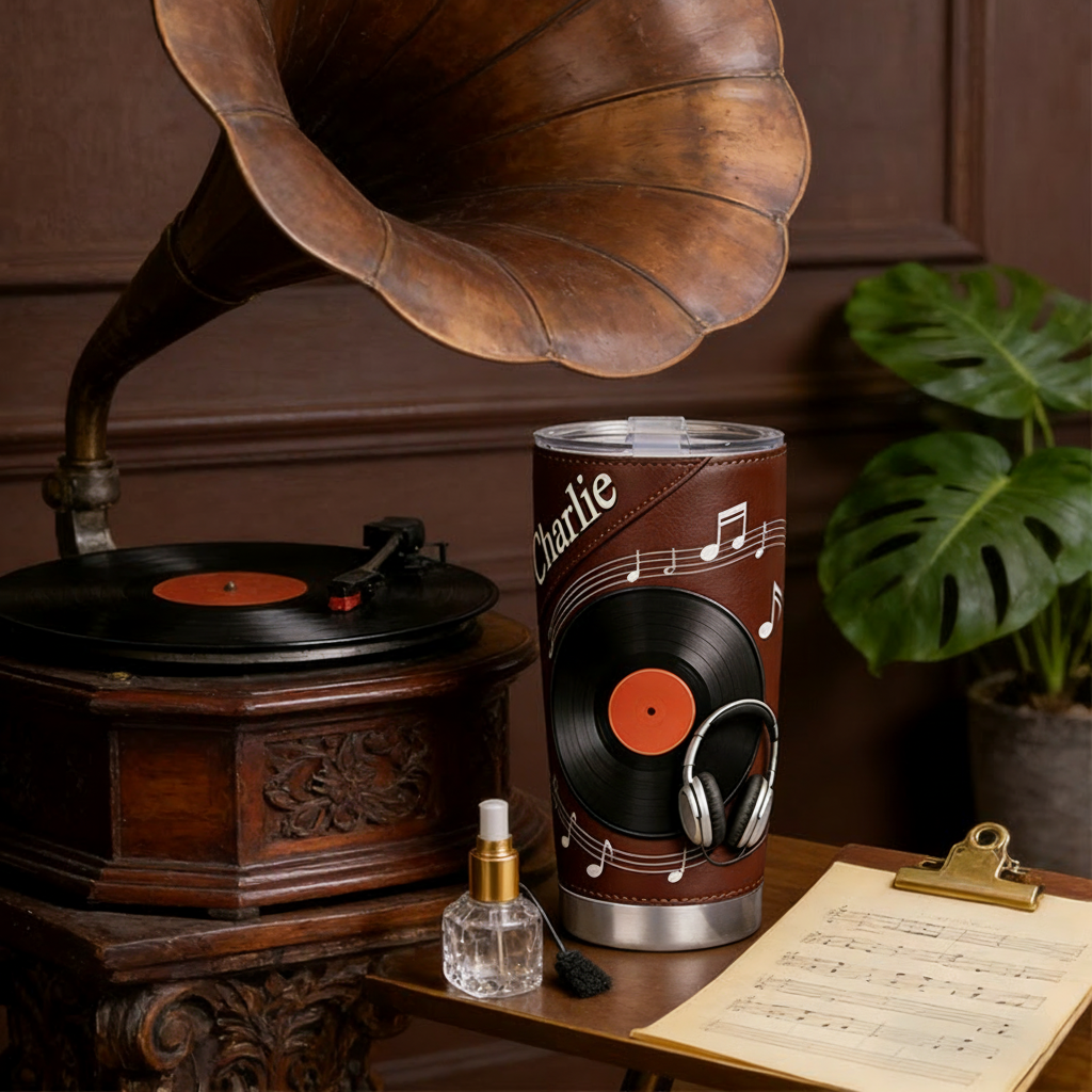 Personalized 2D Flat Vinyl Groove 20oz Tumbler Custom Vinyl Record Themed Tumbler for Music Lovers
