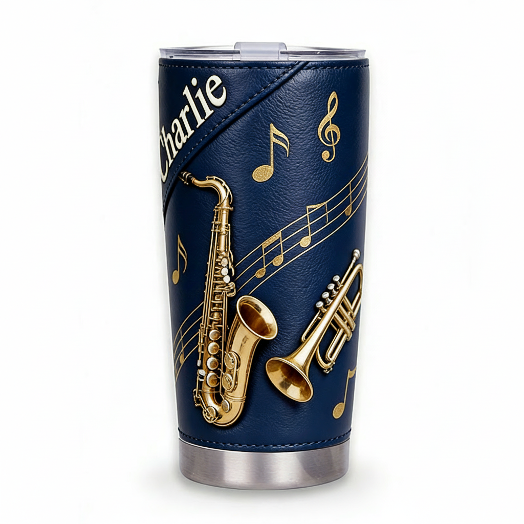 Personalized 2D Flat Golden Jazz Harmony 20oz Tumbler Custom Saxophone Themed Tumbler for Music Lovers