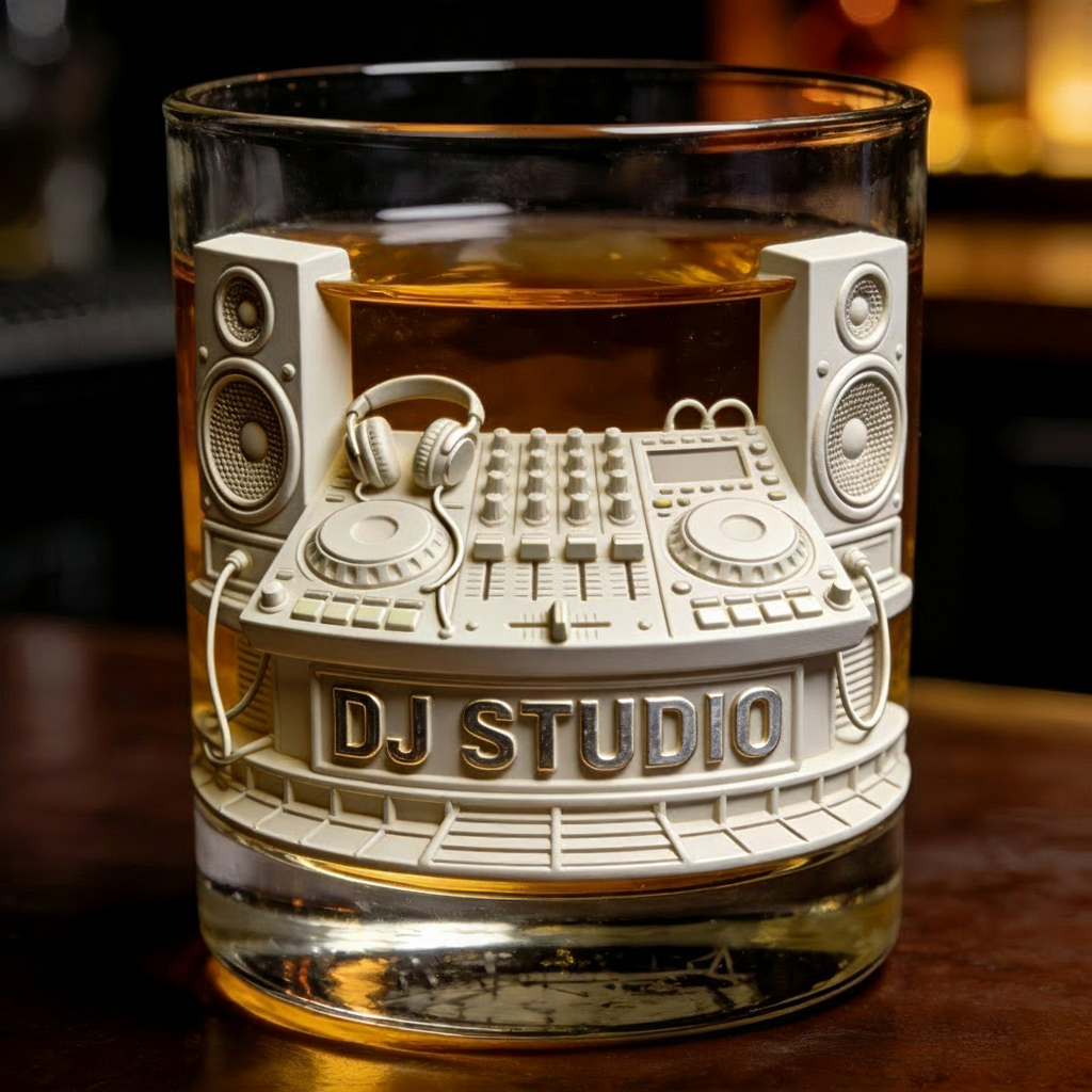 Personalized DJ Studio Themed Whiskey Glass with Custom Text Whiskey Glass Engraved Glasses Gift