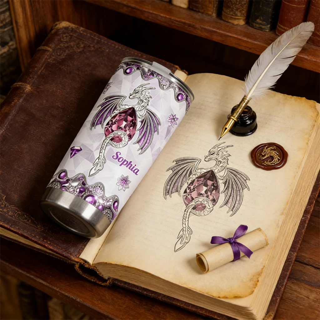 Personalized 2D Flat Love Dragons 20oz Tumbler Custom Magic Witch Themed Tumbler for Magic Lovers