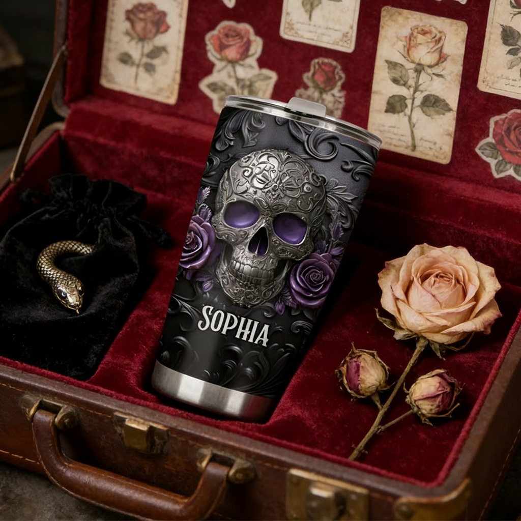 Personalized 2D Flat Gothic Rose Skull 20oz Tumbler Custom Magic Witch Themed Tumbler for Magic Lovers