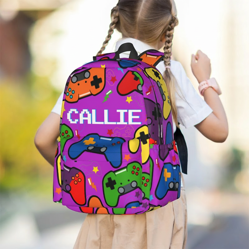 Personalized Game Controller Pattern Backpack with Name and Initial Back to School Game Lover Gift for Boys Girls