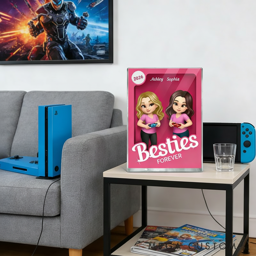 Personalized Besties Forever Pink Action Figure Acrylic Block Plaque Customizable with Photos and Names Meaningful Gift For Best Friend Game Lovers