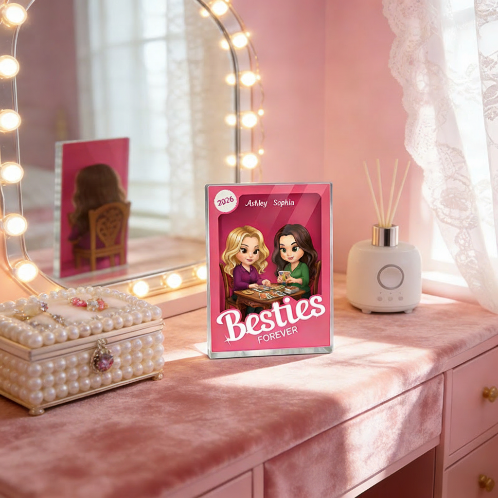 Personalized Besties Forever Pink Action Figure Acrylic Block Plaque Customizable with Photos and Names Meaningful Gift For Best Friend Tarot Lovers Magic Lovers