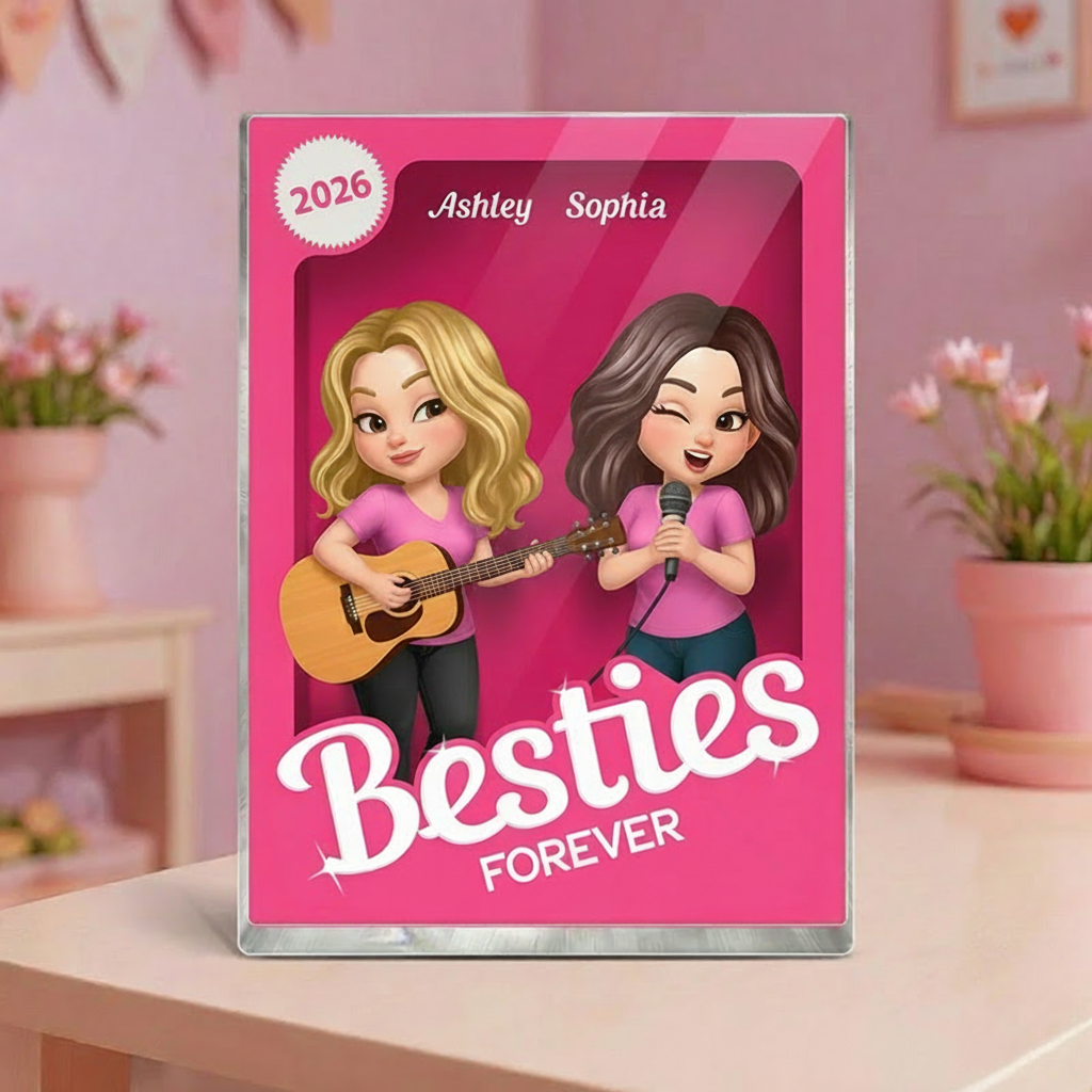 Personalized Besties Forever Pink Action Figure Acrylic Block Plaque Customizable with Photos and Names Meaningful Gift For Best Friend Guitar Lovers Music Lovers