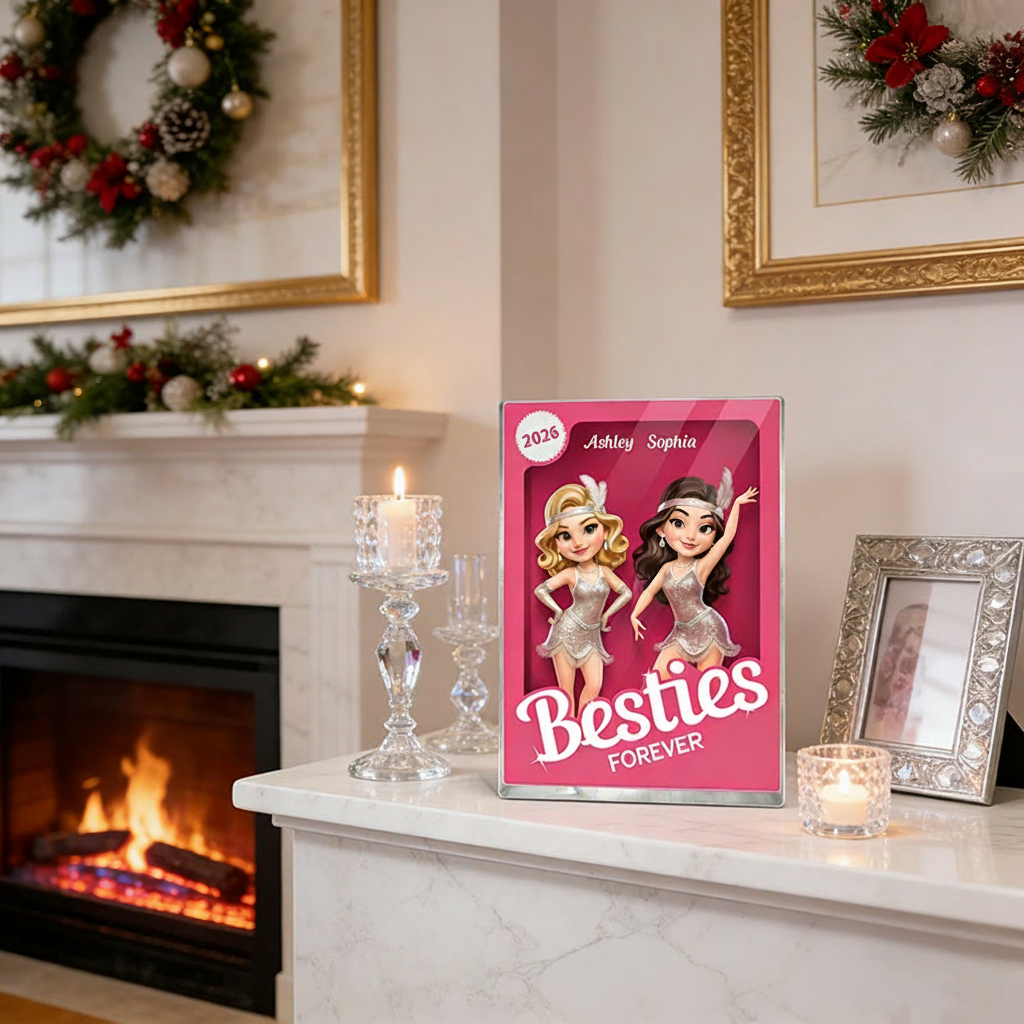 Personalized Besties Forever Pink Jazz Dance Action Figure Acrylic Block Plaque Customizable with Photos and Names Meaningful Gift for Best Friend Dance Lovers