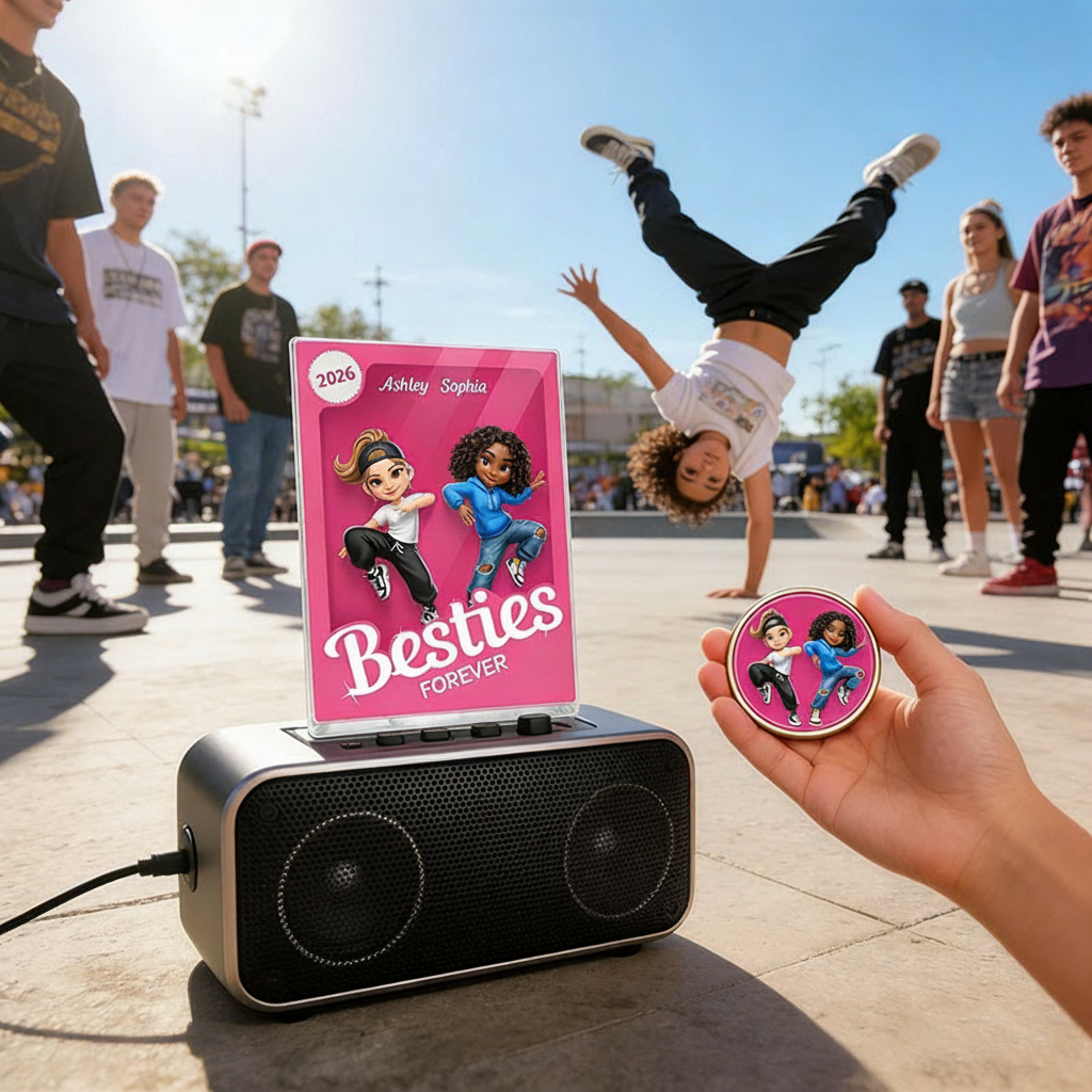 Personalized Besties Forever Pink Street Dance Action Figure Acrylic Block Plaque Customizable with Photos and Names Meaningful Gift for Best Friend Dance Lovers