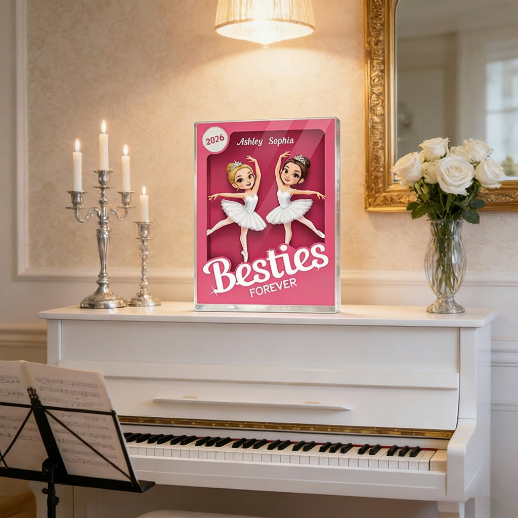Personalized Besties Forever Pink Ballet Action Figure Acrylic Block Plaque Customizable with Photos and Names Meaningful Gift For Best Friend Dance Lovers