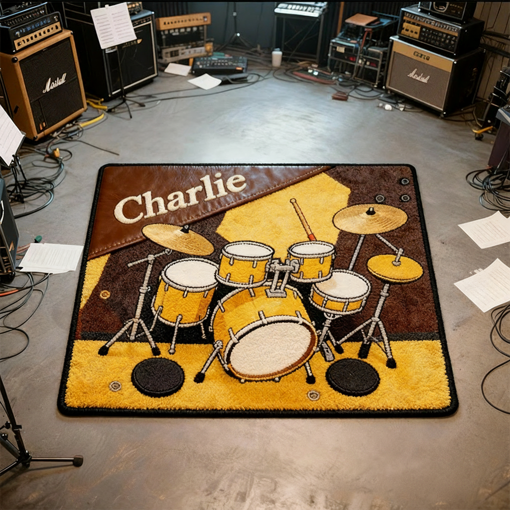 Personalized 2D Flat Golden Drumbeat Rug for Music Lovers Gift for Kids Music Studio